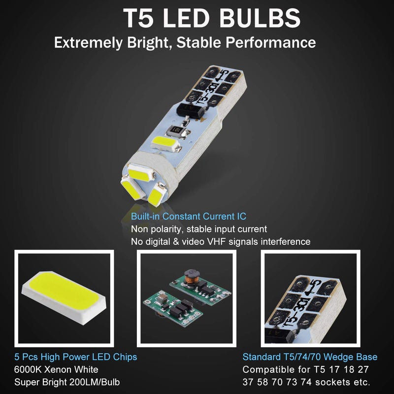 BRISHINE 10X T5 LED Bulbs Xenon White Canbus Error Free 3014 Chipsets Wedge 74 2721 37 PC74 LED Bulbs for Car Interior Gauge Cluster Dashboard Instrument Panel Indicators Speedo AC Lights - Image 4